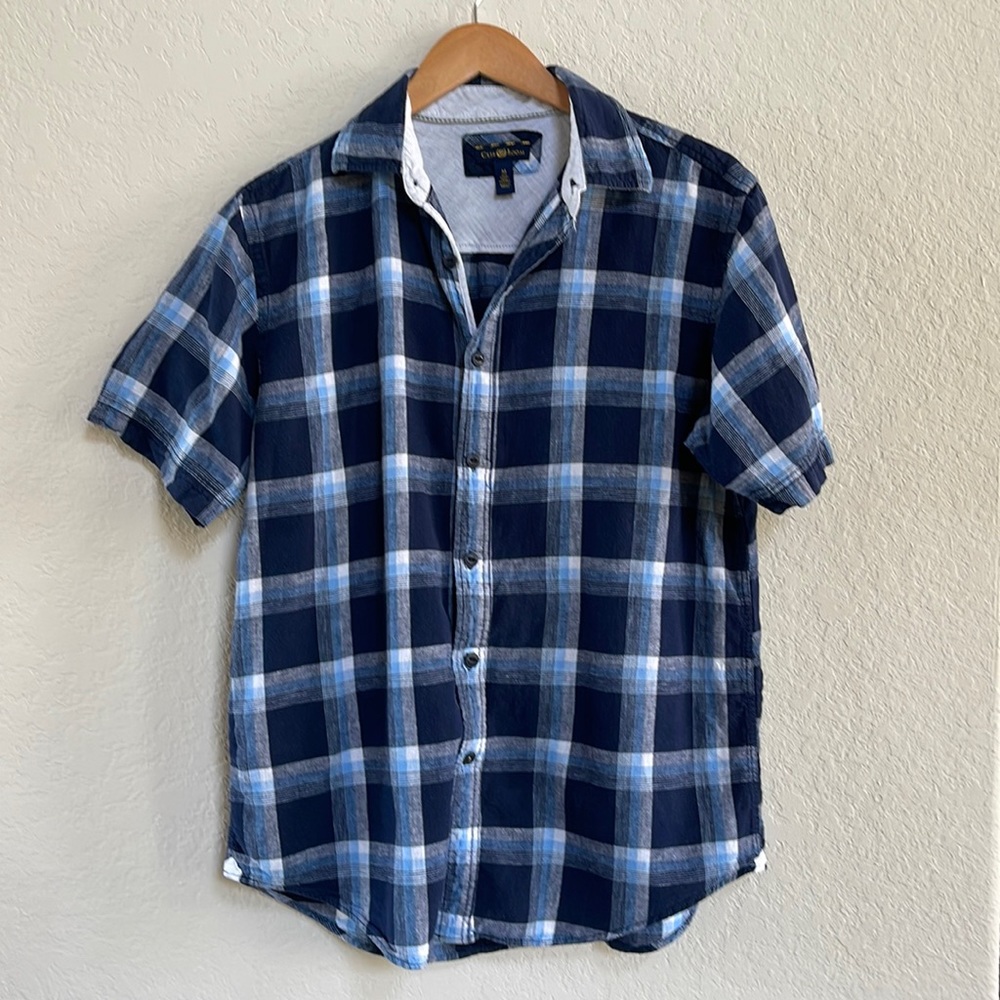 Men's Linen Blue Plaid Short Sleeve Button-down Shirt